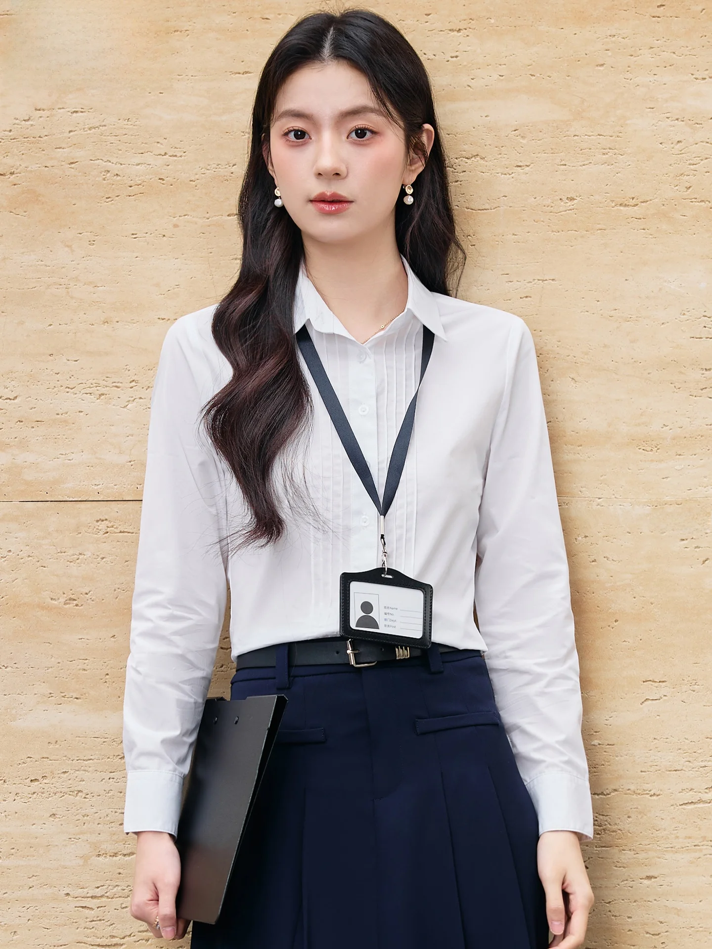 

Белая женская рубашка из чистого хлопка с длинным рукавом, весна 2026, для офиса и собеседований, формальный комплект в корейском стиле, приталенный крой