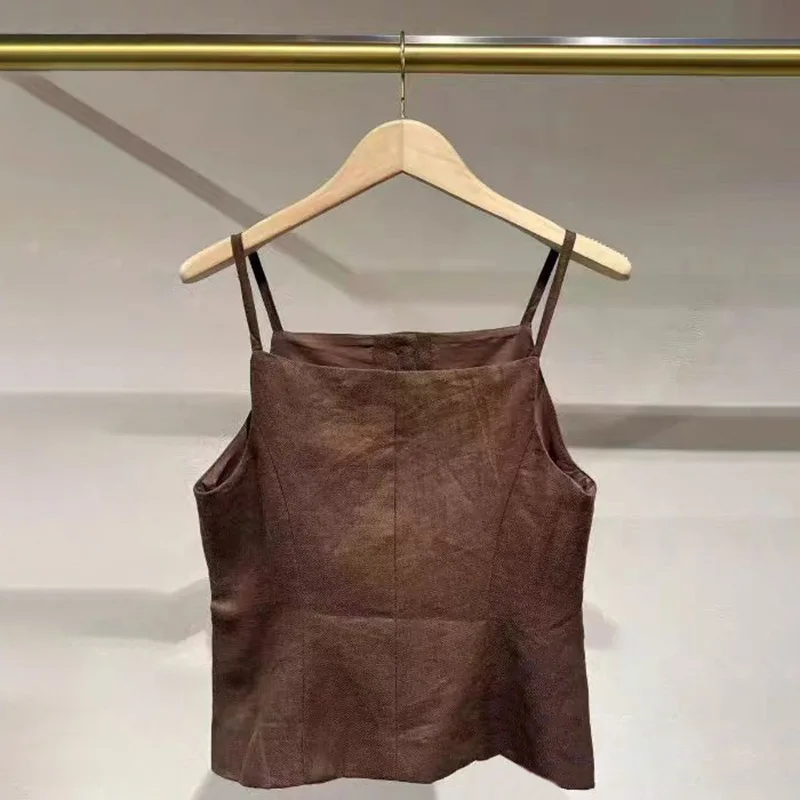 

2026 Spring/Summer Women Square Neck Sleeveleess Solid Single Breasted Camisole Top + Elastic Hign Waist Buckle Wide Leg Pants
