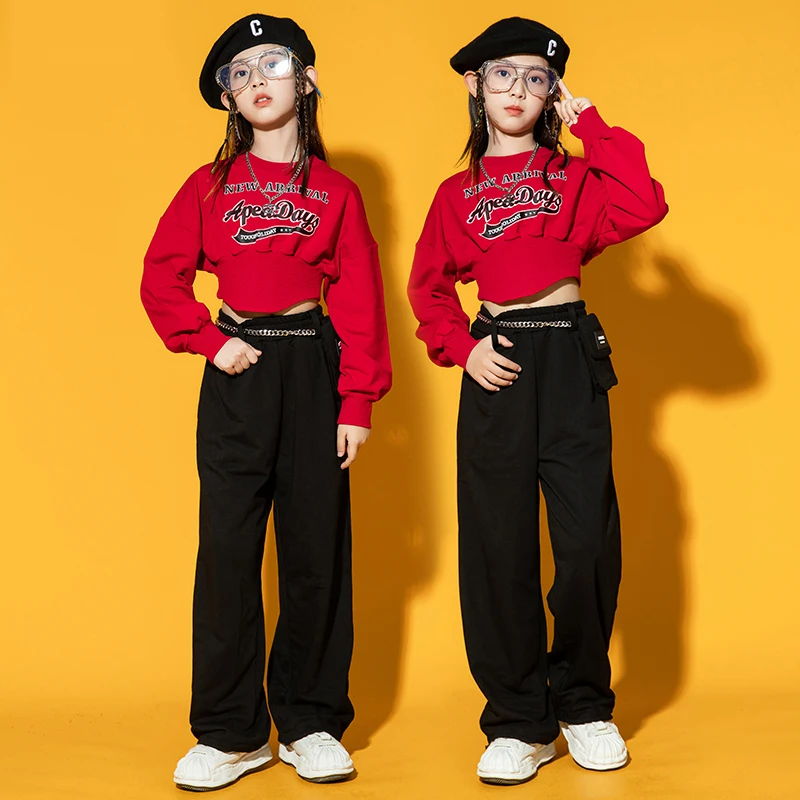 

Kpop Outfit Girls Hip Hop Dance Stage Costume Child Jazz Dance Clothes Red Tops Loose Street Dance Practice Pants Suit YS4285