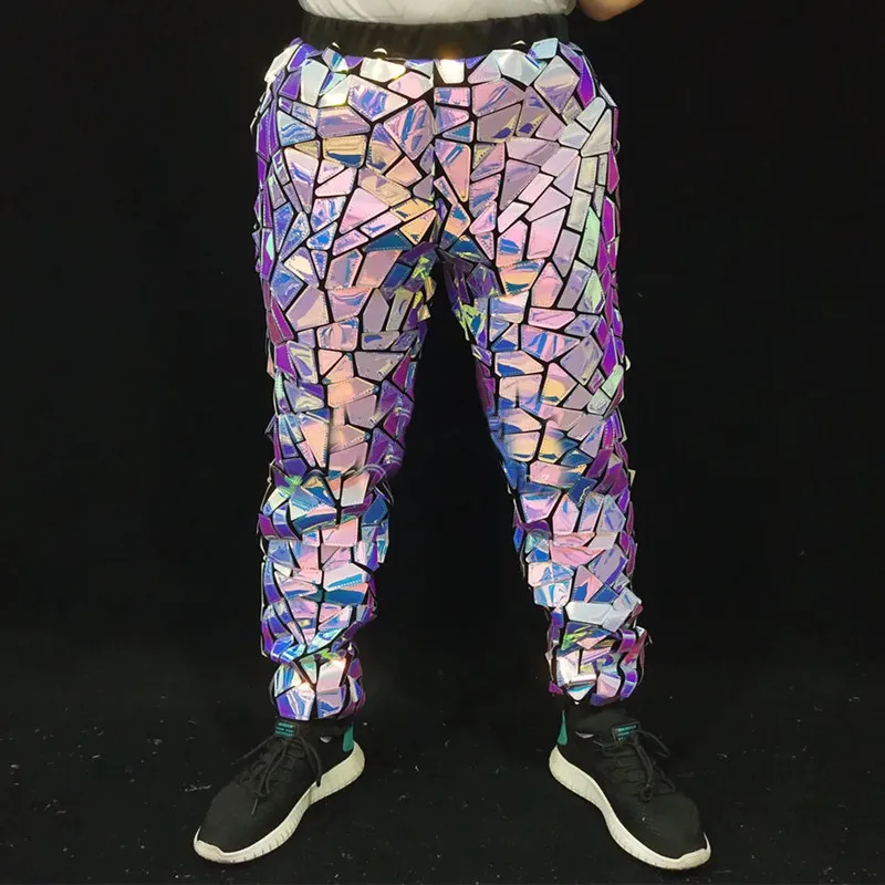 

Purple Laser Glitter Sequins Pants Men Hip Hop Dancer Shiny Trousers Bar Nightclub Party Show Performance Stage Costume