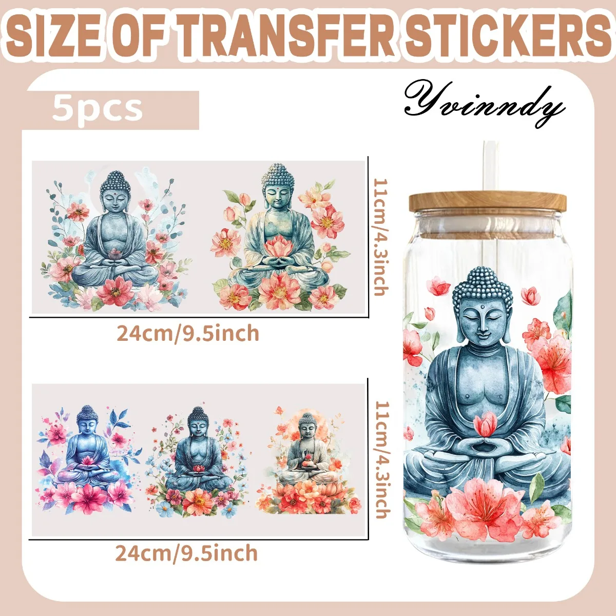 5PCS/Set Of 16OZ UV DTF DIY Transfer Paper - Flowers And Buddha Statues UV DTF Waterproof Film (Excluding Water Cup)