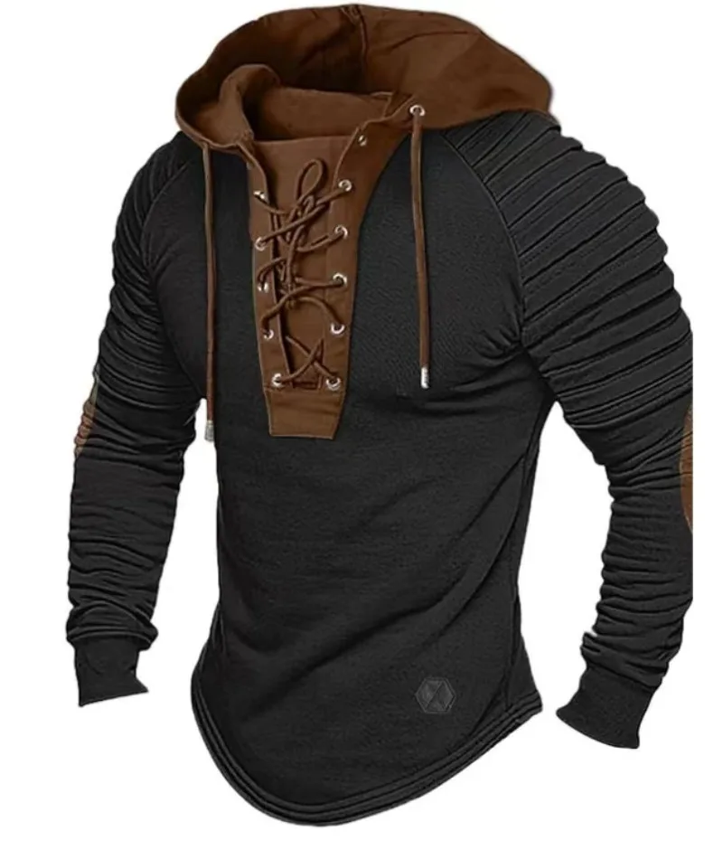 2024 New Autumn Winter Men\'s Solid Color Casual T-shirt Top Long Sleeved Shirt Slim Fit Pleated Hood Street Vacation Sweatshirt