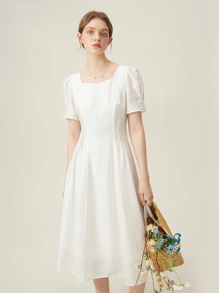 

FSLE Simple Style Elegant Dress for Women Summer First Love Ladylike White High Waist A-Line Skirt Female 24FS12002