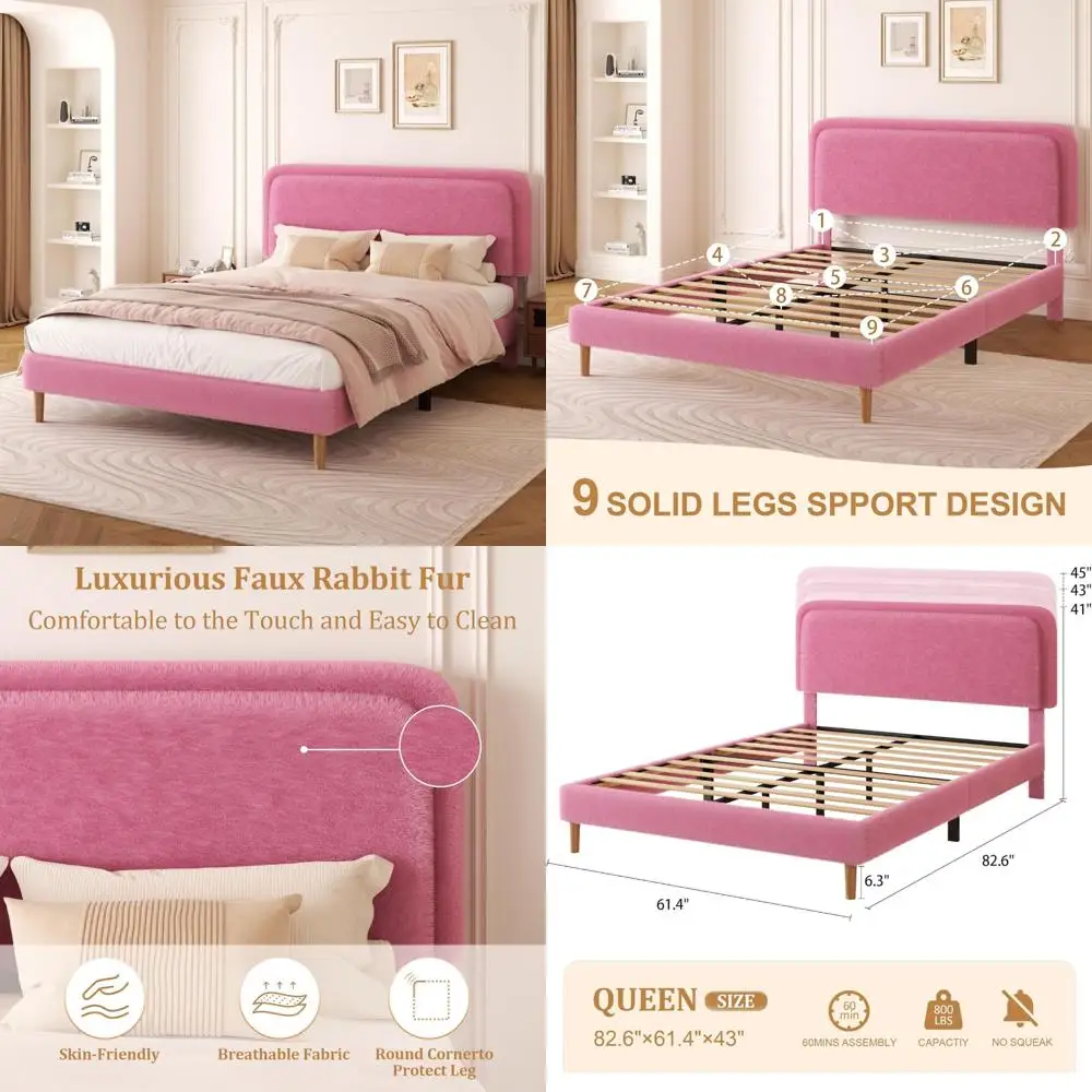

Queen Size Rabbit Fur-Like Upholstered Bed Frame with Adjustable Headboard, Cloud-Soft Bed, No Box Spring Required, Easy Assembl