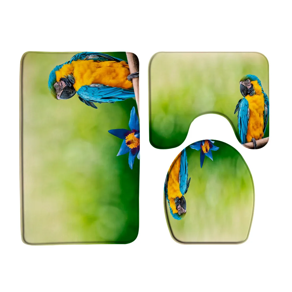 Cute Parrot Birds Bath Mat Set Non-Slip Tropical Toucan Animal Bathroom Rug Carpet Toilet Lid Cover Kitchen Room Flannel Doormat