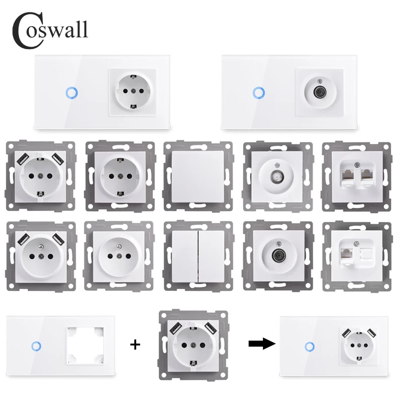 COSWALL White Glass Panel Wall Touch Sensitive Switch EU Schuko Socket USB Type-C Charger Internet Satellite TV Module DIY