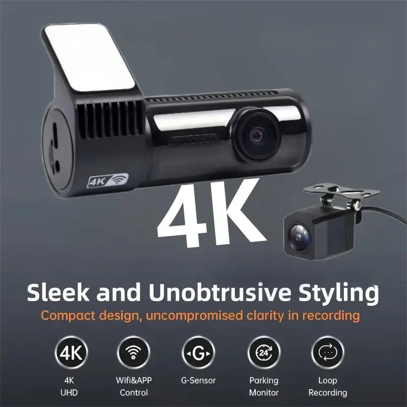 

4K UHD Dashcam - Mini, WiFi Connection, App Support, WDR Night Vision, 4K+1080P DualLens Dashcam Pro-170 ° Wide Angle, Night Vis