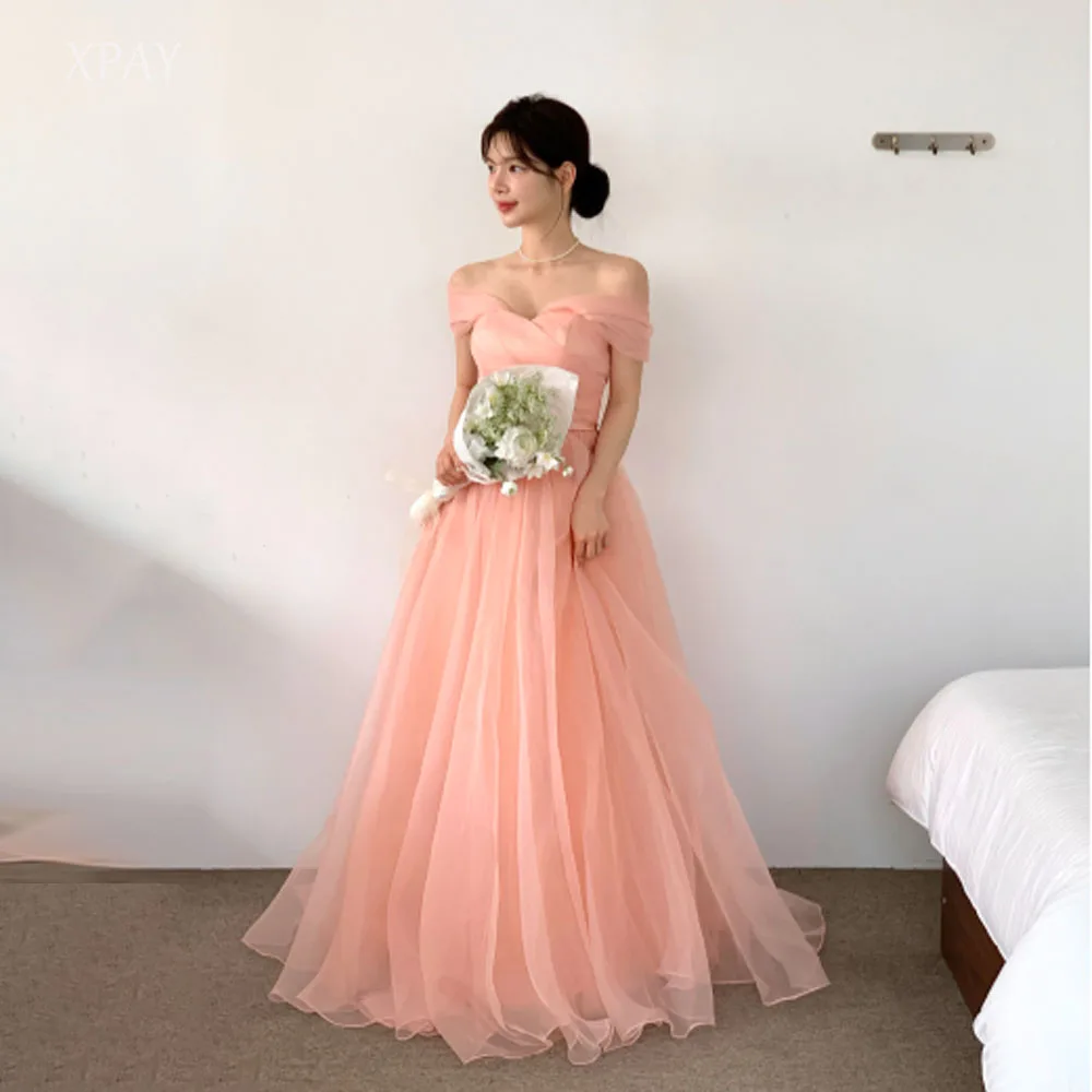 

XPAY Korean Evening Dresses Off the Shoulder A-Line Girls Prom Dresses Customized Party Dresses Pink Wedding Dresses 웨딩드레스