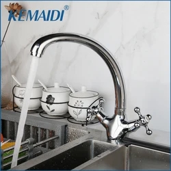 KEMAIDI Chrome Finished Kitchen Sink Faucet Double Handle Hot and Cold Water Mixer Tap Deck Mounted Torneira Cozinha