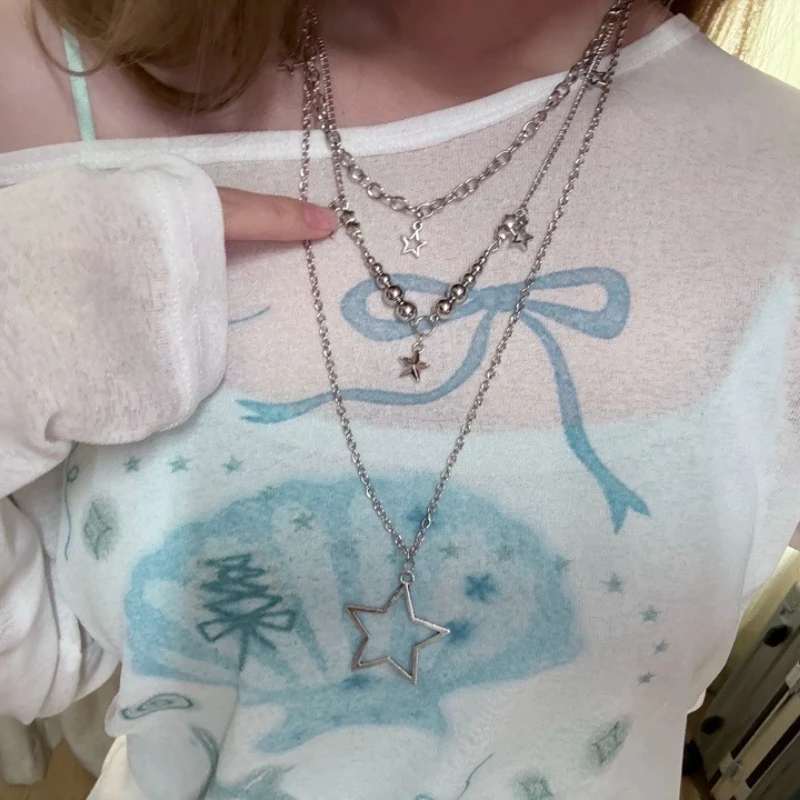 Hot Girl Multi Layer Star Pendant Necklace Choker Y2K Stackable Five-pointed Star Chain Trendy Street Fashion Women Jewelry Gift