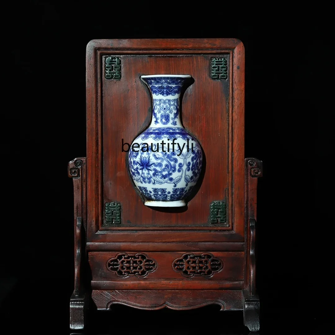 

xz1Old Objects Rosewood Inlaid Blue and White Porcelain Vase Screen Desktop Ornaments