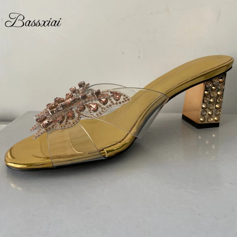 

Women's Crystal Butterfly-Flower Decor Sandals Unique Rhinestone Rivet Square Heel PVC Transparent Slingback Mules for Summer