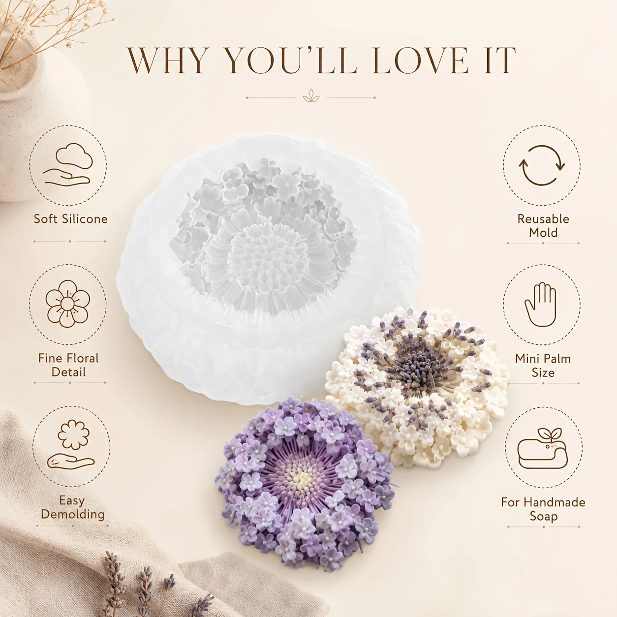 Reusable Hydrangea Flower Silicone Mold Suitable for Resin Texture Demolding DIY Crafts Candles, Diffuser Stones Tabletop Decor