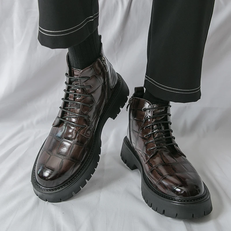 Korean Version British Style Fashion Men's High Top Casual Leather Boots Brand Thick Soled Comfort Business Casual Leather Boots