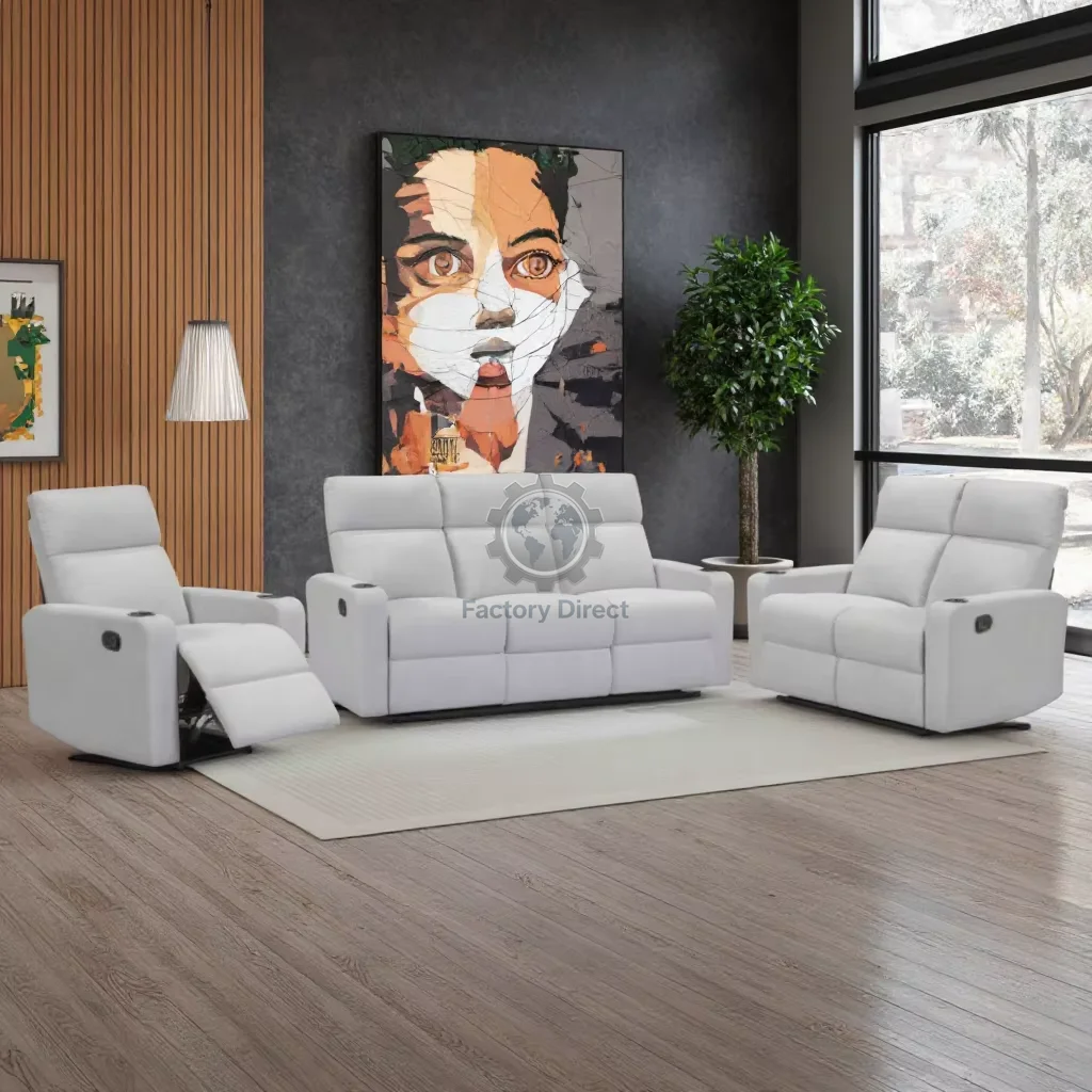 

321 Modern Simple White Fabric Recliner Sofa with Extendable Feature Wood Frame Recliner Couch