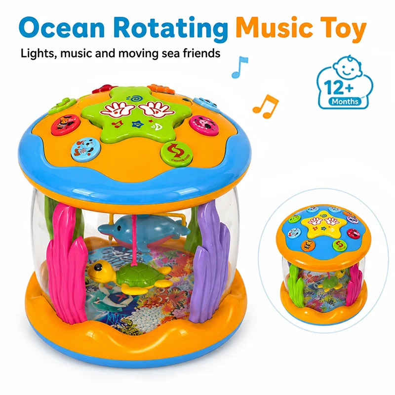 Ocean Hand Beat Drum Toy Rotatable Inside Design Music Light Sound Toy With Button For 12M+ Infant Kids