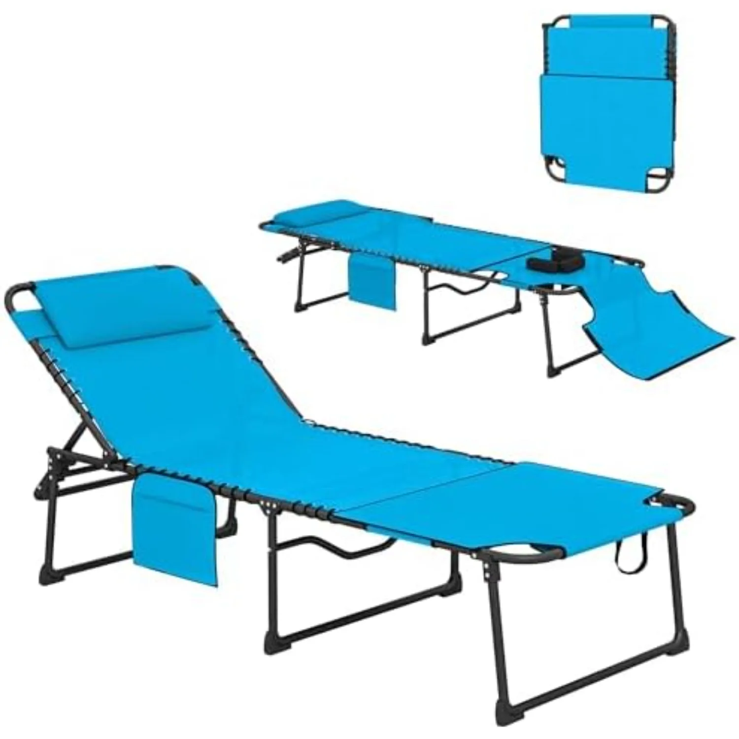 Folding Chaise Lounge Outdoor w/Face Hole Blue | 5-Level Reclining Back, Foldable, Tanning Chair, Face Hole, Side