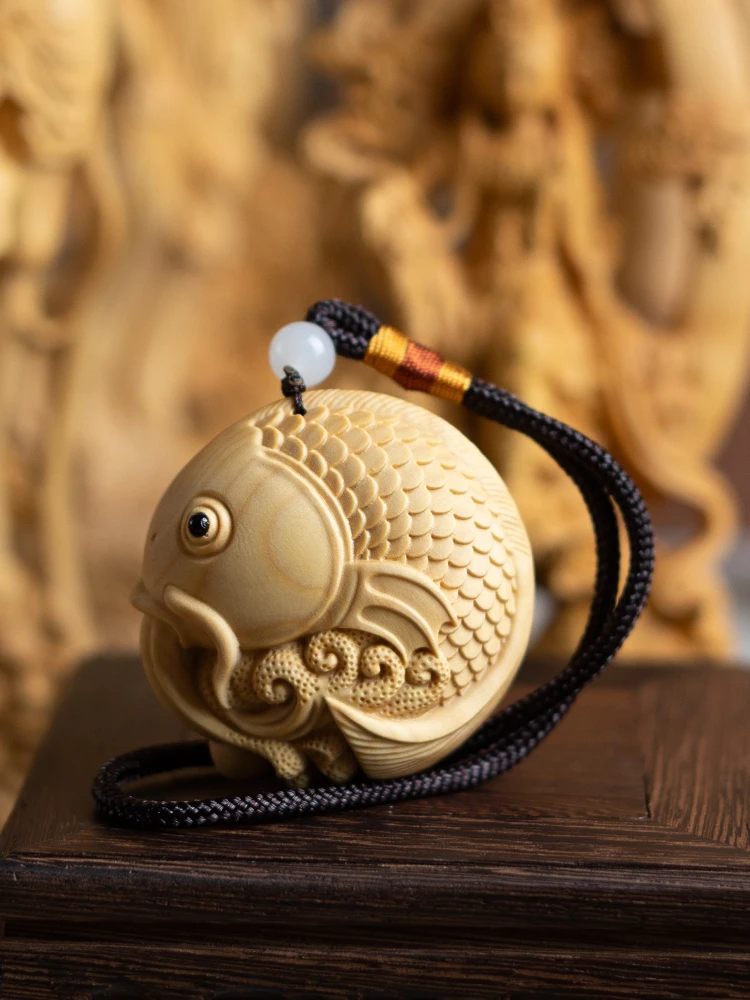 Hand Carved Wooden Koi Fish Pendant Charm - Feng Shui Lucky Symbol for Prosperity, Wealth, Car Hanging, Bag, Keychain Gift view 2