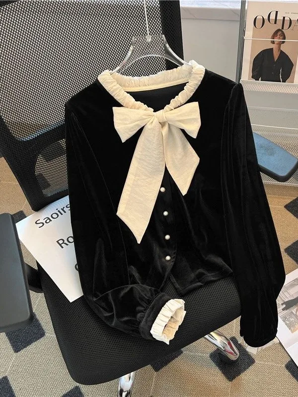 

Heben бархатный топ с поясом и узлом, женский осенне-зимний элегантный топ на одной пуговице, корейский свободный крой