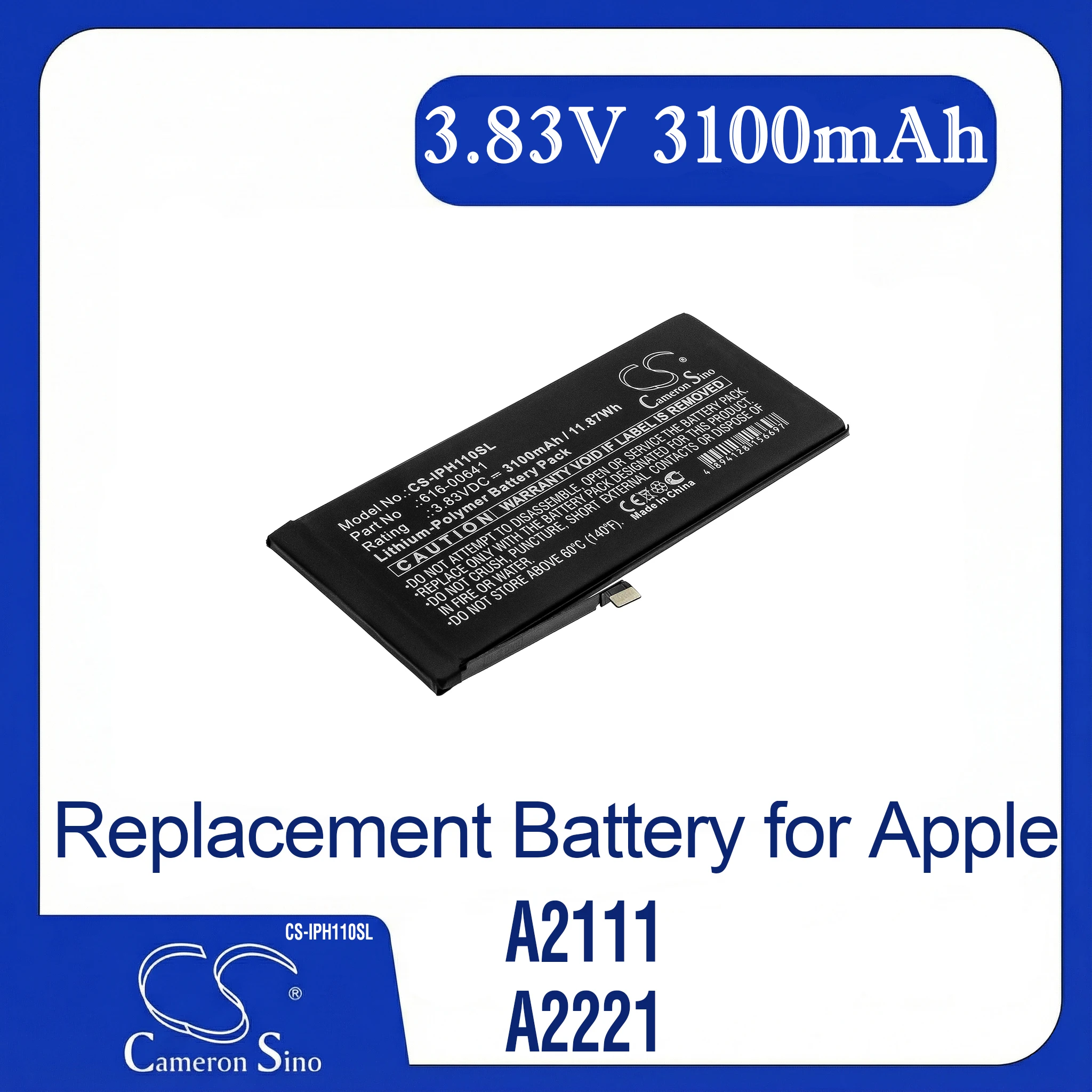 CS Replacement Battery for Apple iPhone 11,A2111,A2221 PN:616-00641 3100mAh / 11.87Wh
