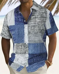 2024 Men's Color Block 3D Printed button-down Lapel Short Sleeve Shirt Large Size 5XL High quality Hawaiian Beach shirt Top