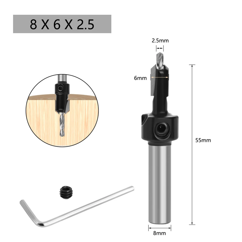 8mm Shank HSS Countersink Router Bit for Woodworking with Wear Resistant Hard Alloy Blade and External Cooling Technology