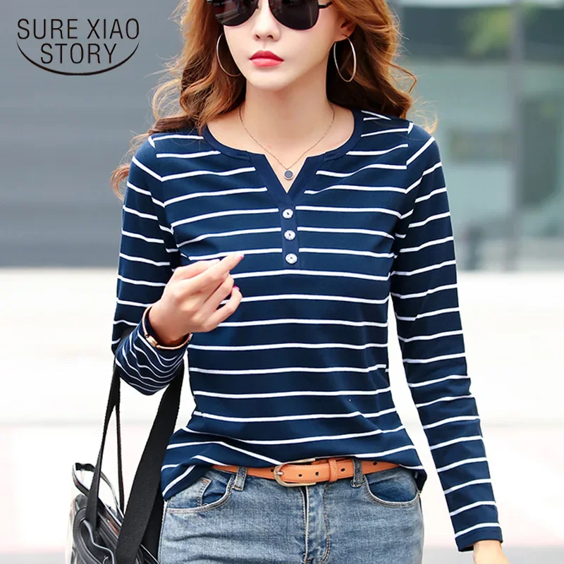 Cotton T-Shirt Women Long Sleeve Striped T Shirt 2024 Spring Autumn Female Clothes Fashion Top Tee Lady V-neck Tops 7215