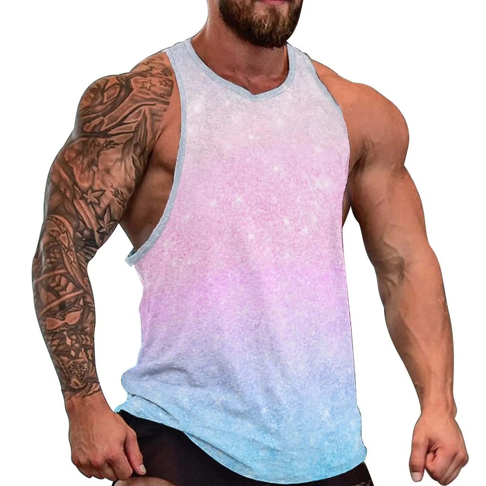 Elegant Ombre Tank Top Male Pink Silver Glitter Pirnt Tops Summer Graphic Workout Cool Oversized Sleeveless Shirts