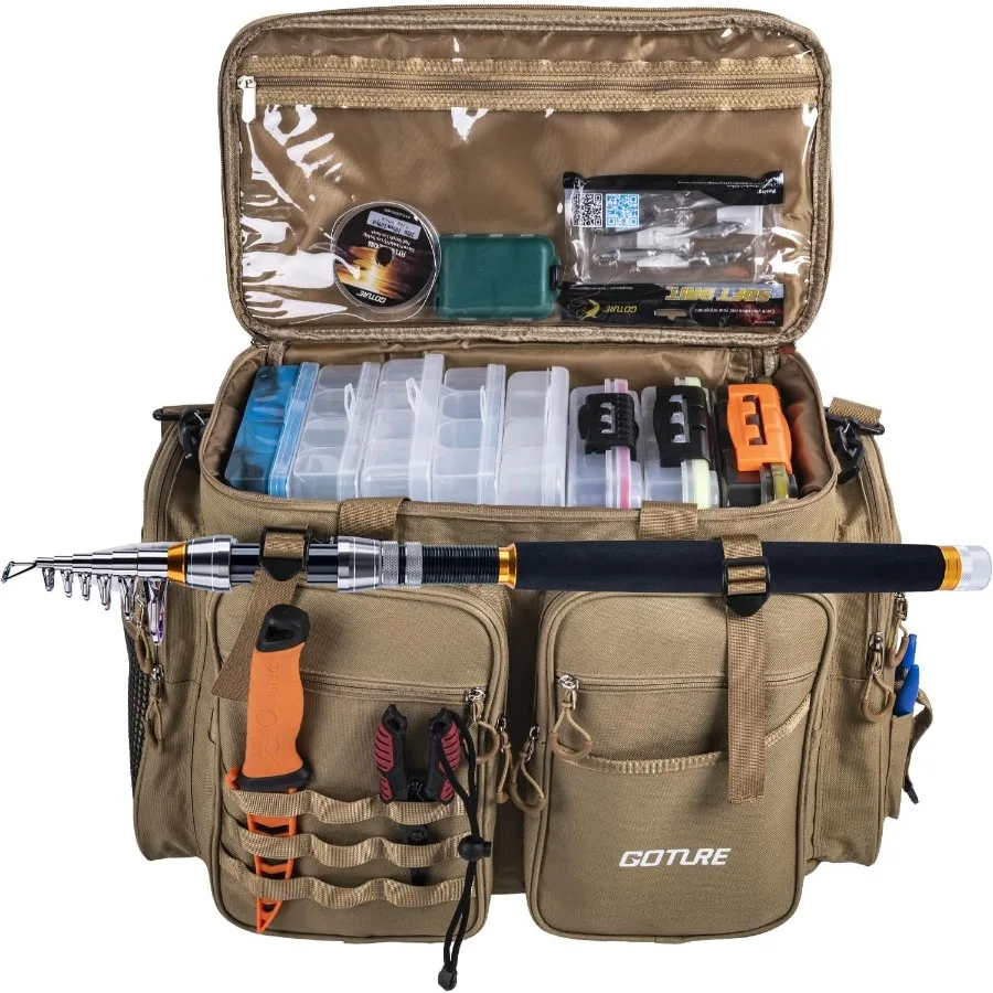 

Goture Large Tackle BagStore Up to 8PCS 3700 Plus 4PCS 3600 Tackle Trays Water Resistant Saltwater Fishing Gear Bag with EVA Bo