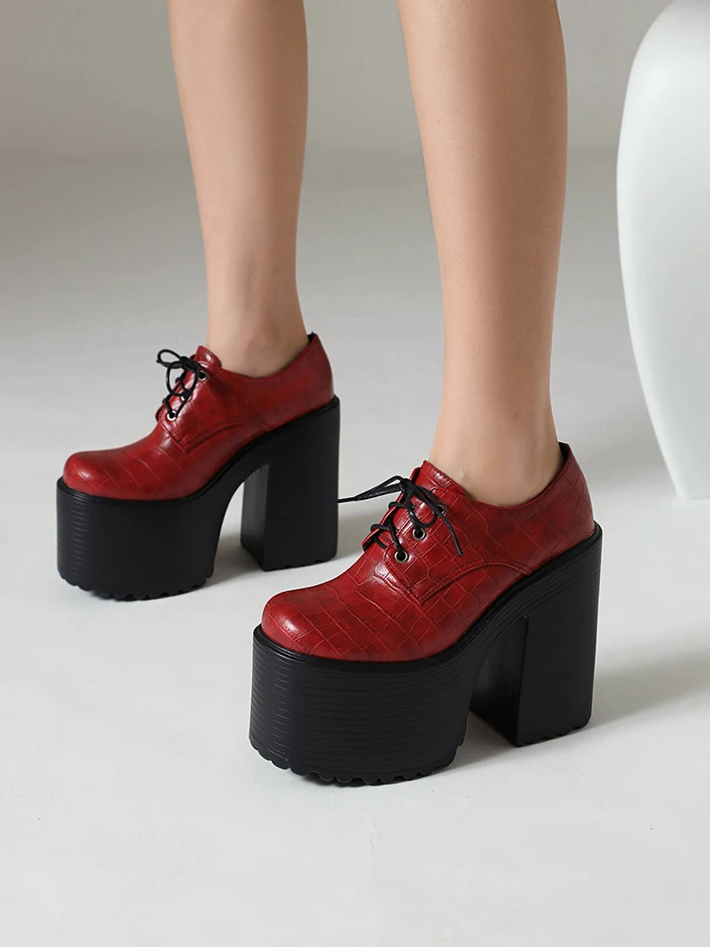 Wine Red Stone Pattern Ultra-High Platform Heightening Shoes Hollowed Out Ultra-High Thick Heel Lace Ups For New Women In Spring