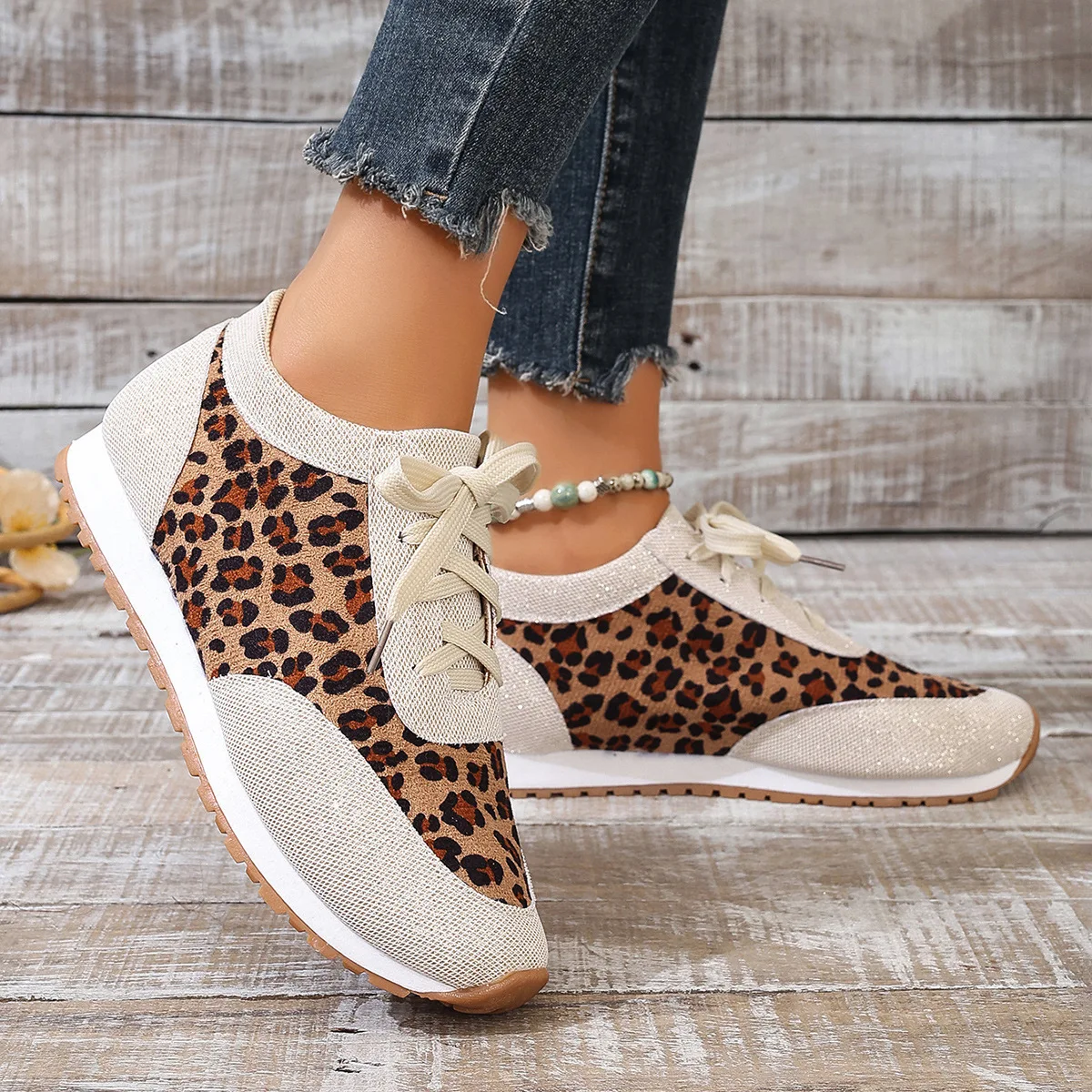 Zomer nieuwe buitenlandse handel plus-size damessneakers met dikke bodem en luipaardprint aan de voorkant met vetersluiting casual comfortabele Romeinse stijl