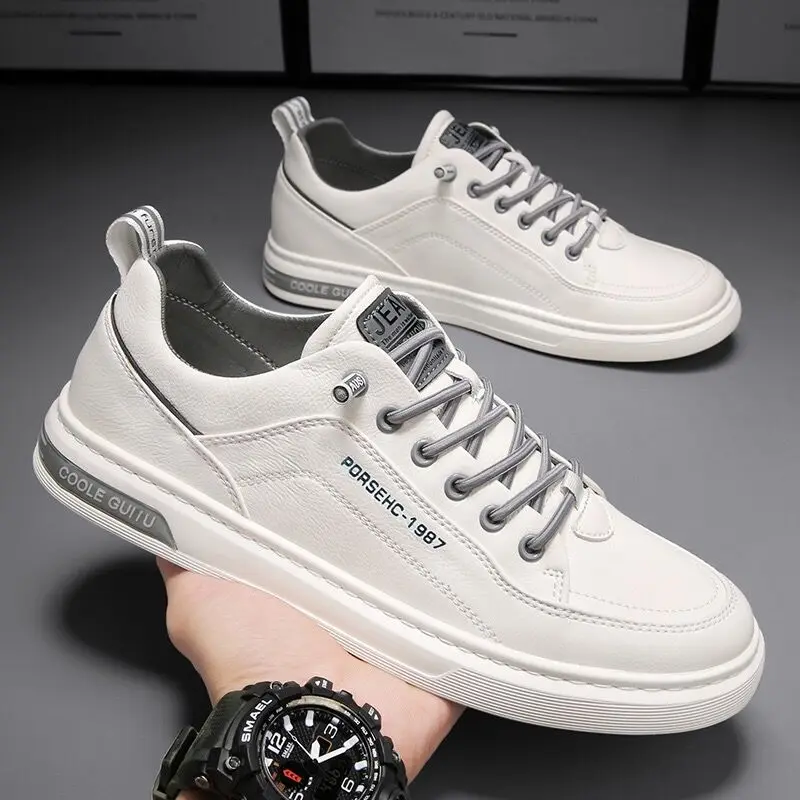 Men's Lace-up Leather Board Shoes Spring and Autumn Casual PU Shoes Student Versatile Sneakers Male Small White Board Shoes