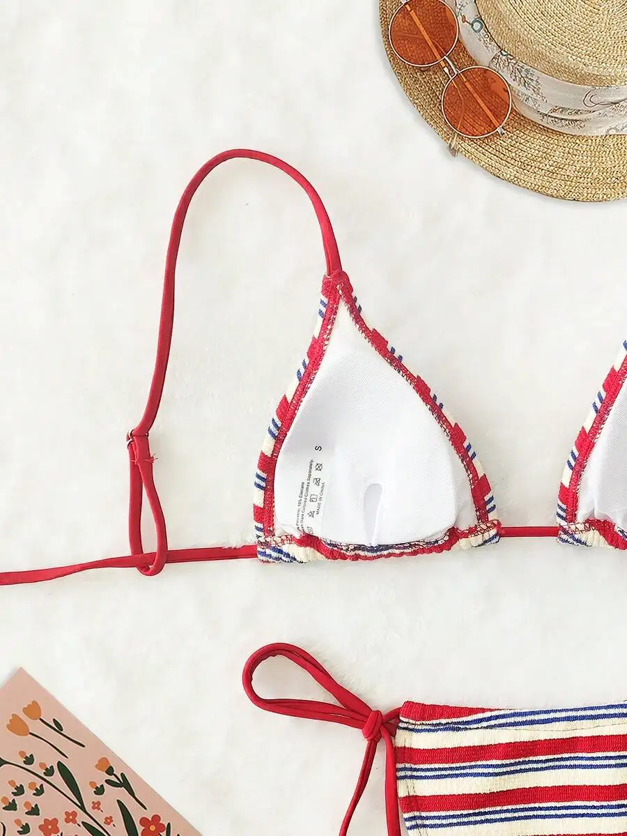 

Soft Stripe Terry Cloth Adjustable Strappy Crisscross Back Bikini Set For Women Summer Beach Swimwear