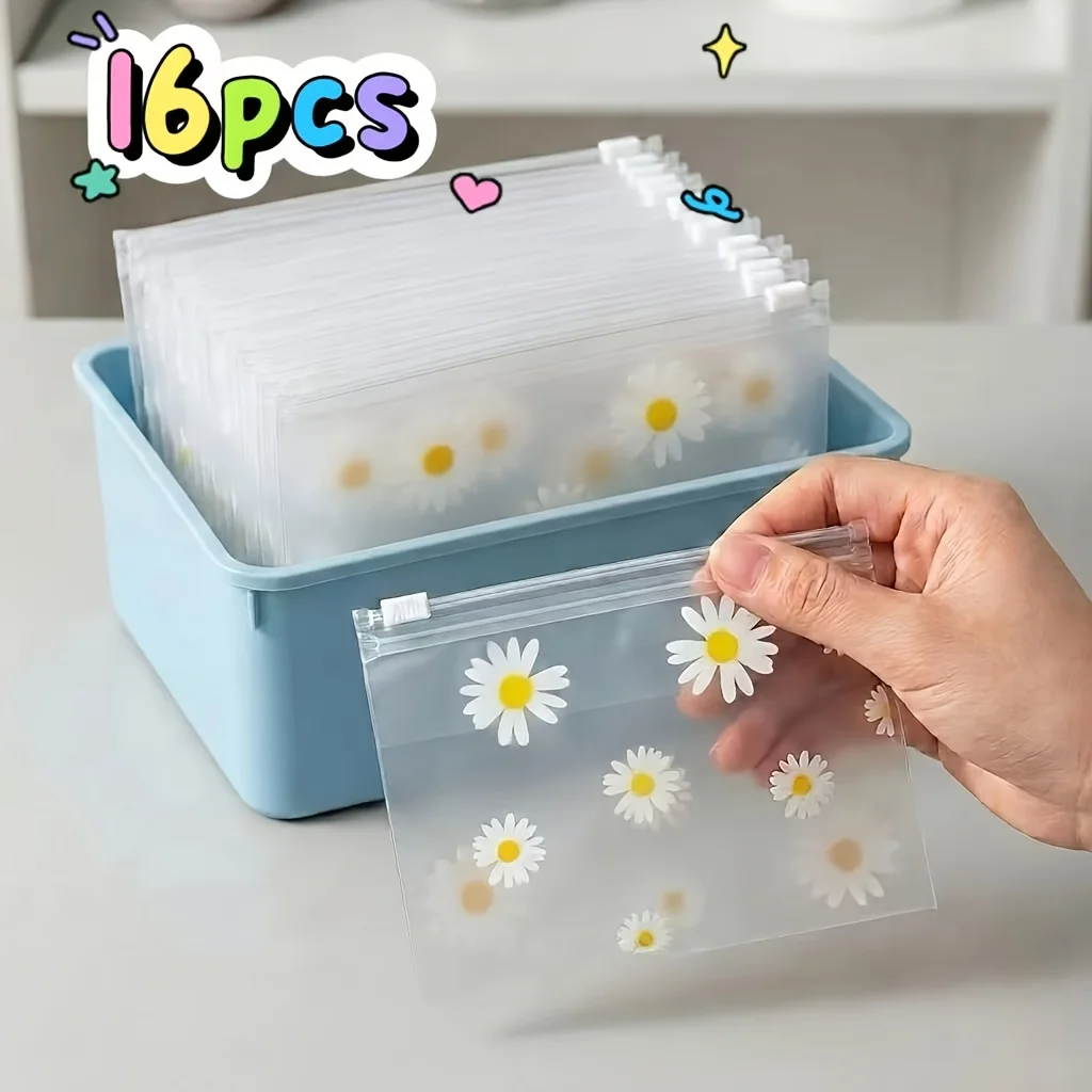 16pcs Daisy Pattern Frosted Plastic Zipper Bags, Reusable Transparent Storage Bags,Suitable for Cosmetics Jewelry Hair Additions