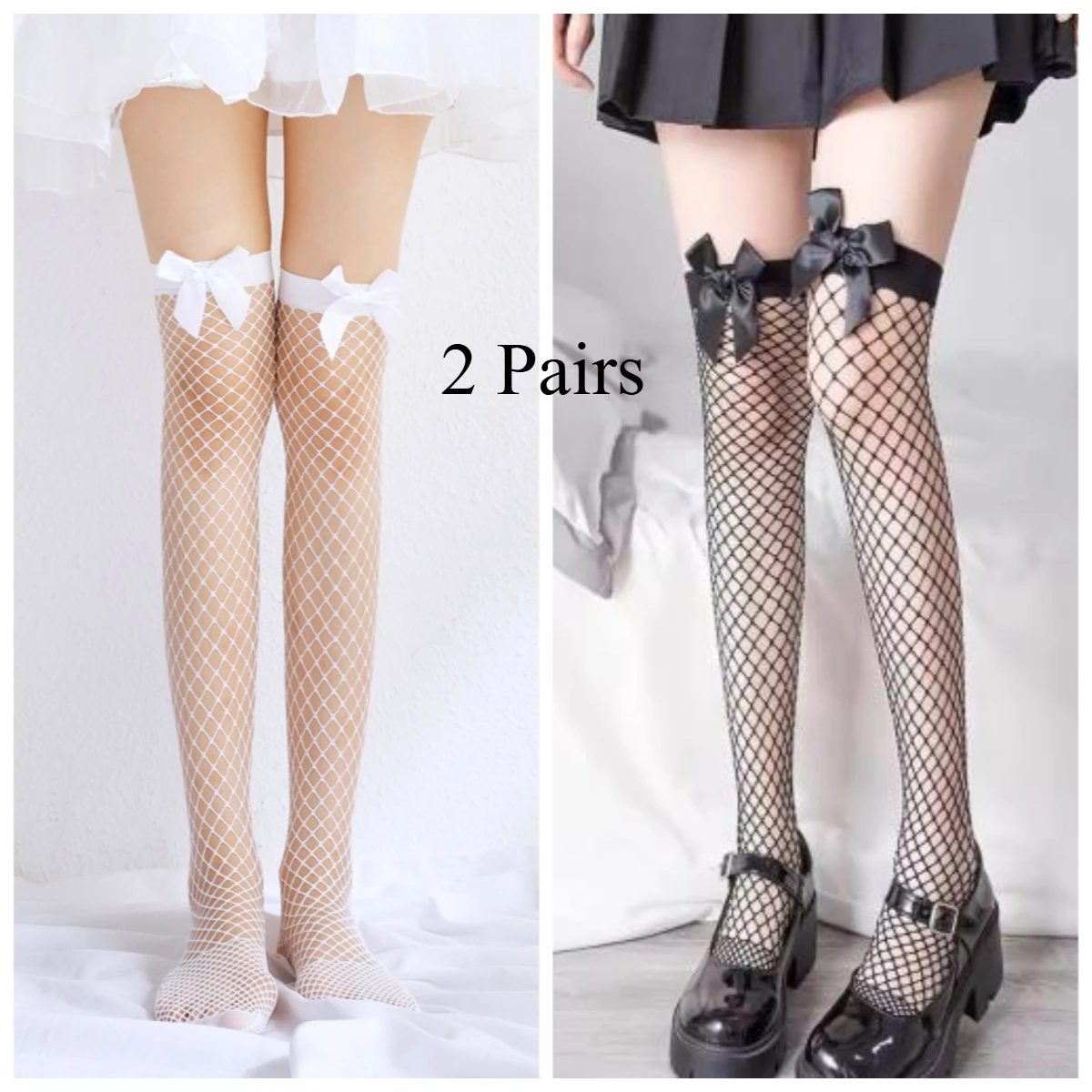 Overknee Long Socks Women Girls Sweet Lolita Bowknot Thigh High Fishnet Stockings girl Gothic Punk Lace Mesh Legging 1/2 Pairsa