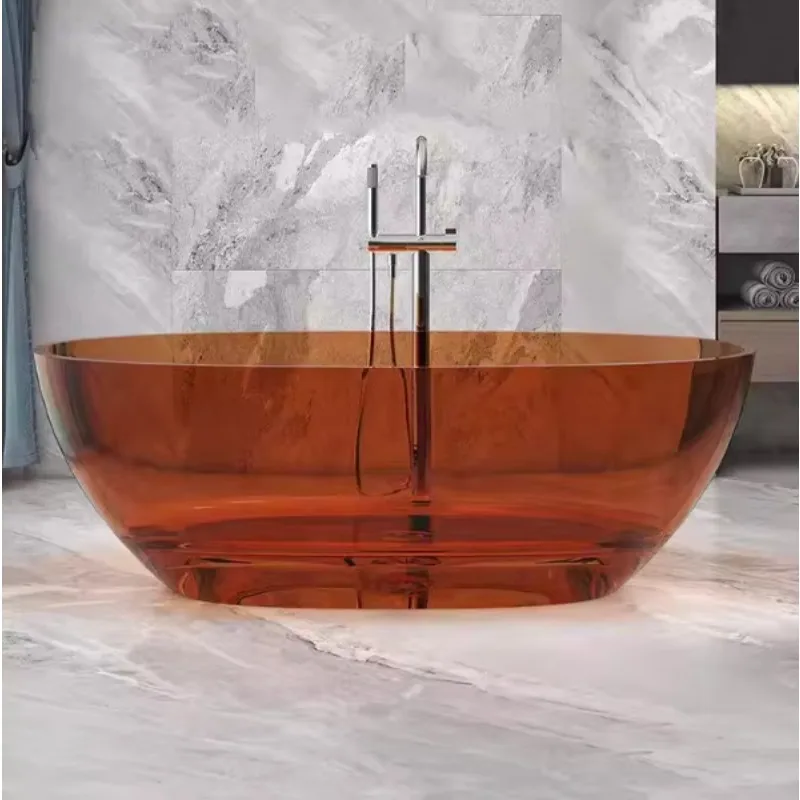 

Modern freestanding deep immersion spa tub with clear glass resin high-end features including oval drains for domestic hotels
