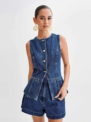 Denim Fake Pocket Women Short Suits Sleeveless Single Breasted Vest Zipped Mini Shorts 2024 Summer New Chic Lady 2 Pieces Sets