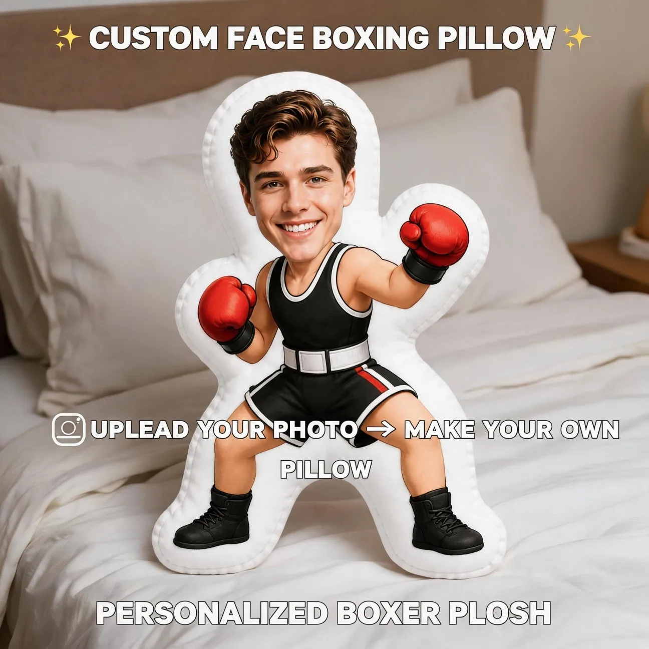 Custom Personalized Photo Boxer Shaped Pillow, Smiling Face Red Gloves Black Outfit Decorative Cushion, Unique Home Decor Accent