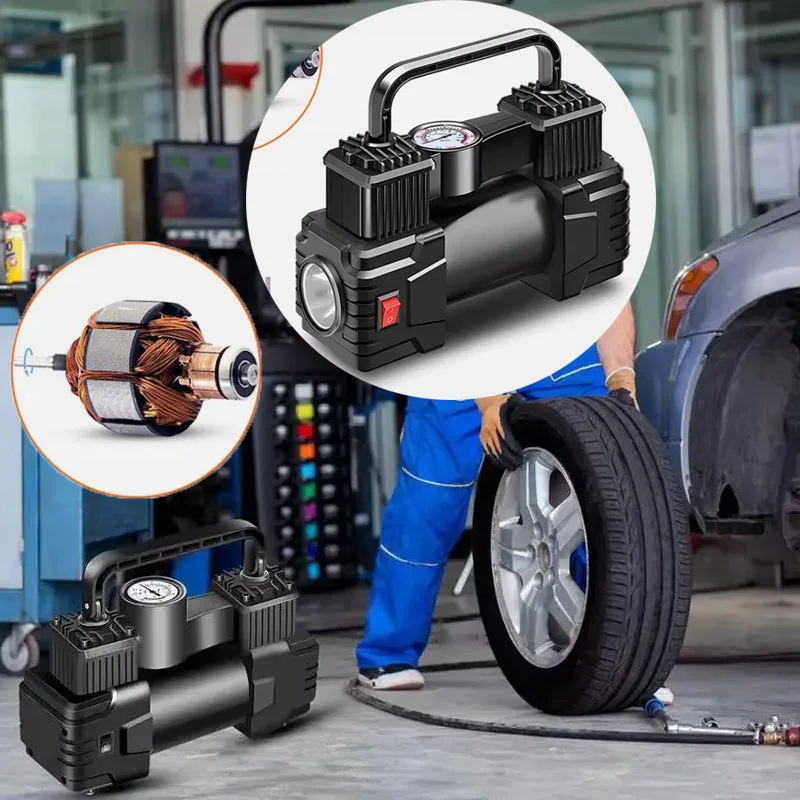 

Мини-воздушный компрессор 12 В, 150 фунтов на квадратный дюйм, двухцилиндровый сверхмощный насос для накачивания шин с манометром, электрический насос, автомобильный надувной насос для шин