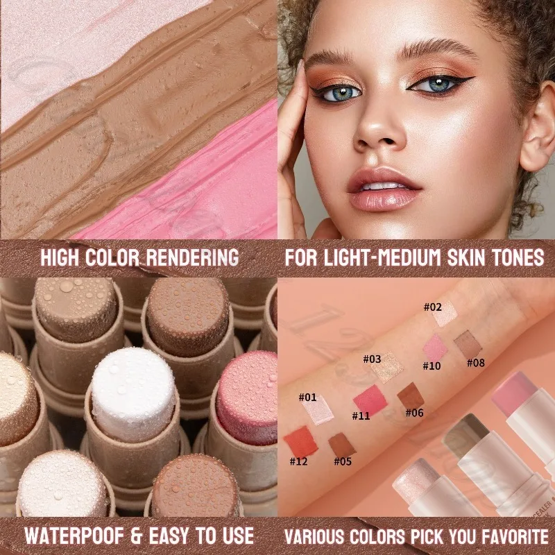 HelloKiss-palo de fijación facial multifunción, ilumina el contorno facial tridimensional, colorete, resaltador, 3 unids/caja