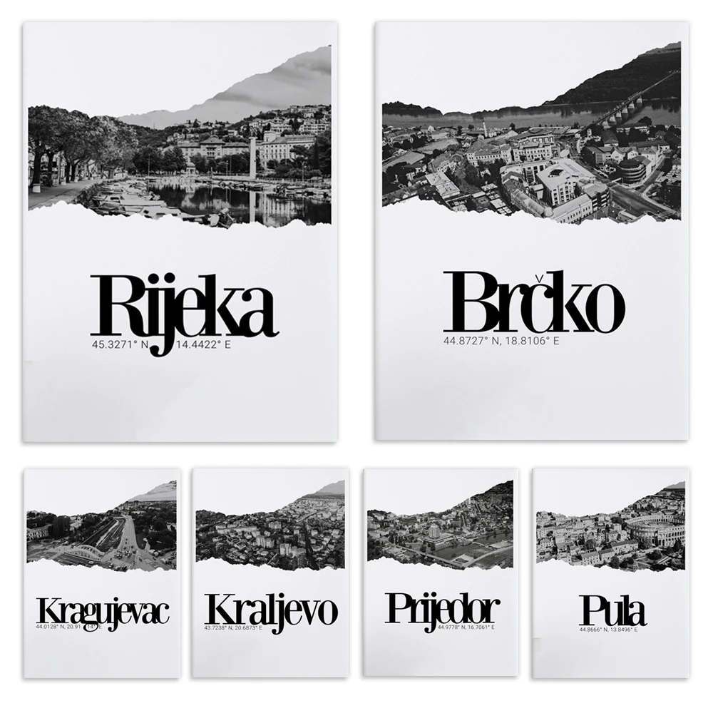 Kraljevo, Osijek, Belgrade, Sarajevo, Zagreb, Novi Sad, Prijedor, Slavonski Brod coordinates poster, Croatia, Balkans, Serbia