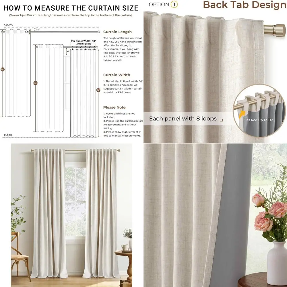

Linen Blackout Curtains Set, 108 Length, 2 Panels, Back Tab/Rod Pocket, Thermal Insulated, Cream, 50 Width
