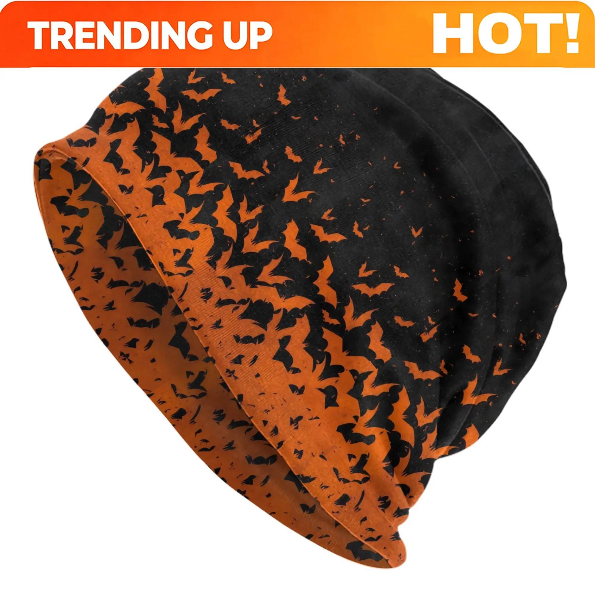 Customization Men's & Women's Bat Wing Beanie Hat - Gothic Black & Orange Bat Pattern Skull With Earmuffs-like Collar, Lightweig
