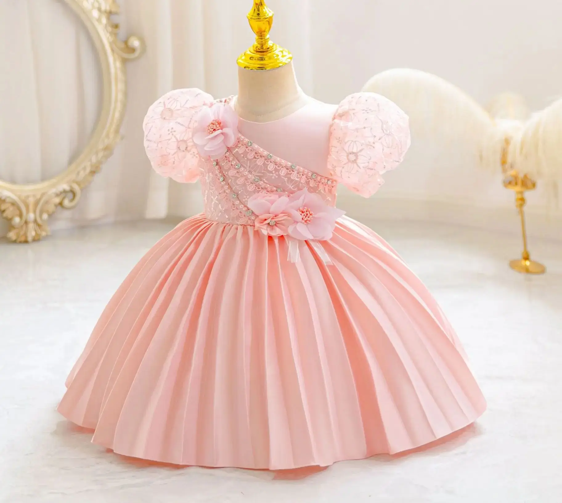 

New Kid Party Dress for Occasions Flower Girl Pleated Dresses Children White Clothes 1- 5 Years