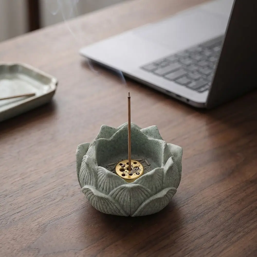 Green Sand Stone Lotus Incense Holder Flat Bottom Handmade Incense Stick Burner Ornament Lotus Shape Ash Catcher Indoor Use