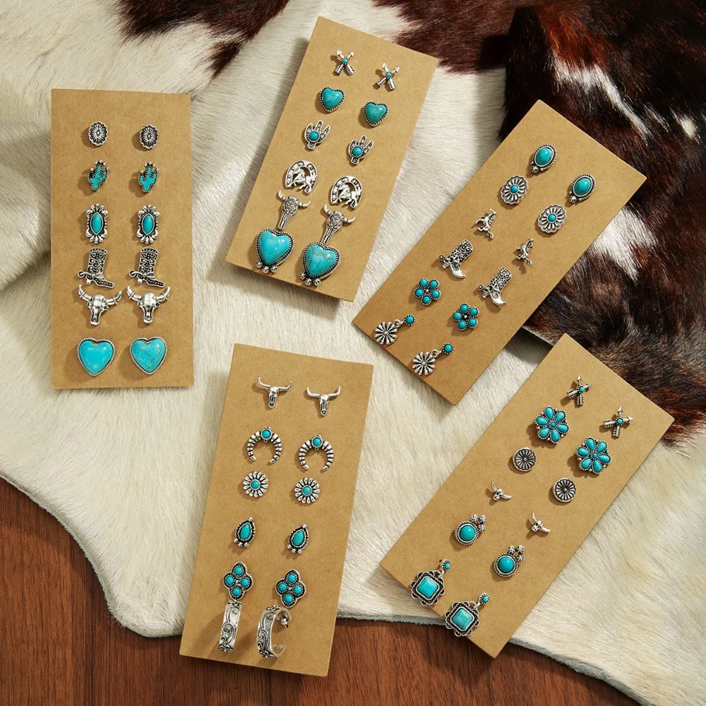 Multi-piece Set Fashion Ethnic Style Turquoise Buffalo Head Heart Flower Dangle Earrings for Women Music Festival Jewelry Sets