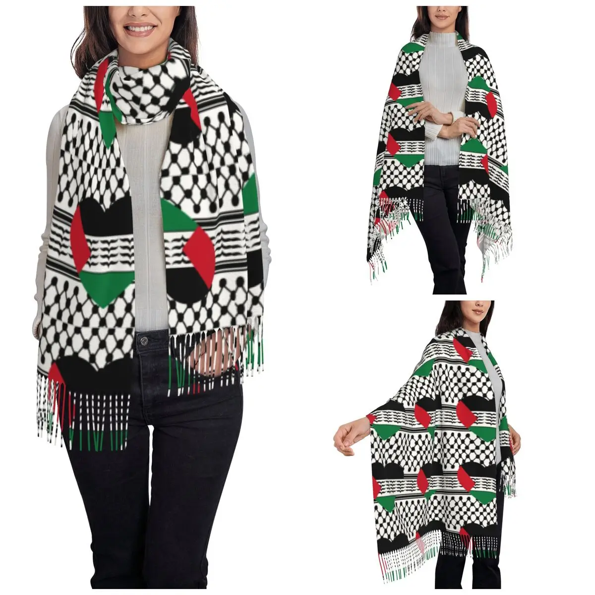 Palestine Heart & Keffiyeh Shawls Wraps for Ladies Warm Large Soft Scarf Pashmina Tassel Scarves