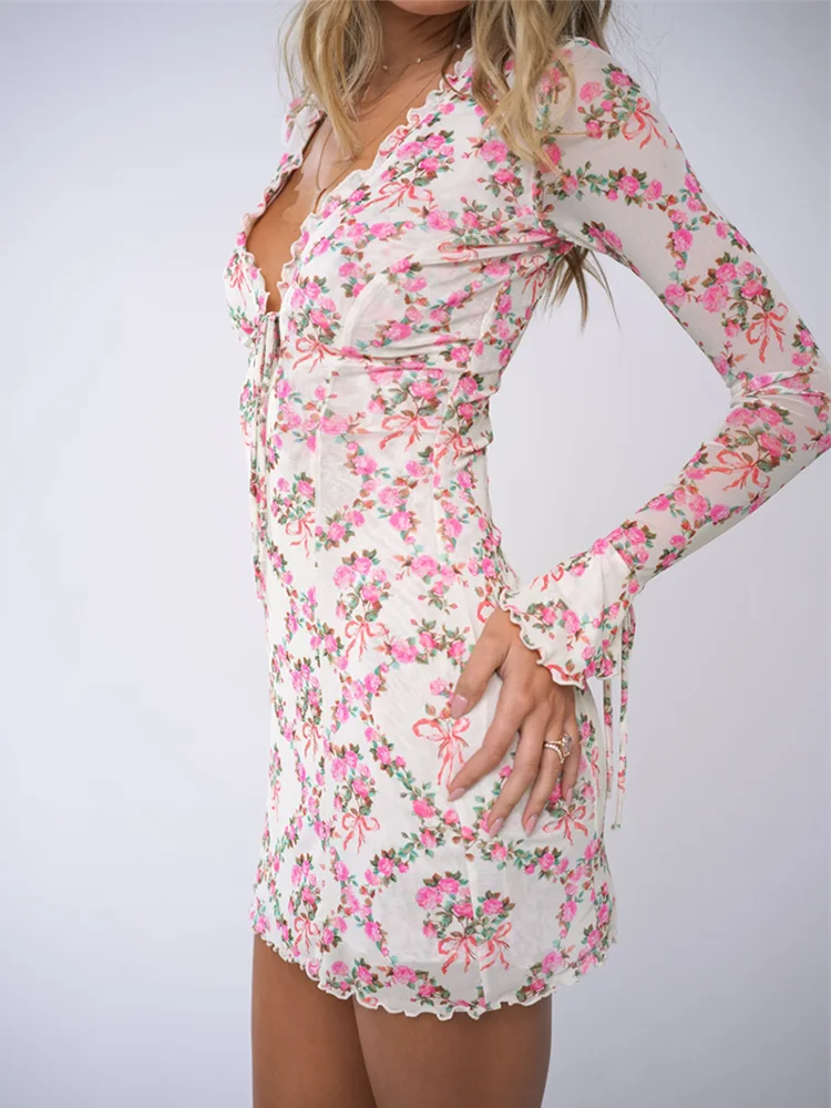Absobe floral arco impressão pura malha retalhos mini vestido para mulher cortar profundo decote em v manga alargamento roupa sexy elegante partywear