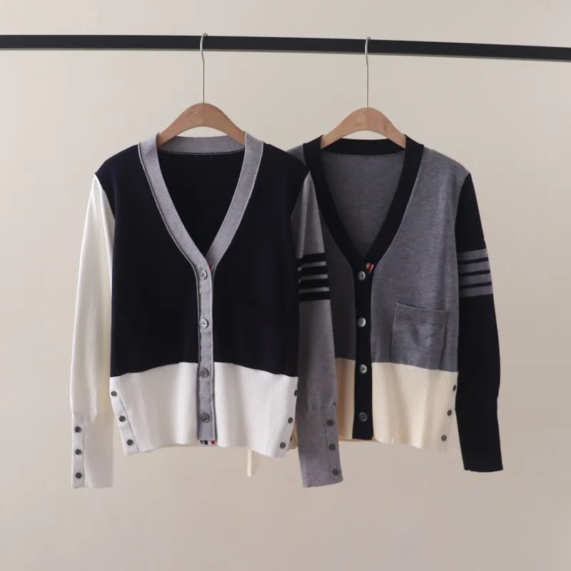 

Autumn and Winter NewtbColor Matching British Style Knitted Cardigan Women's Striped Four Bars Casual All-Matching Tops Coat Fas