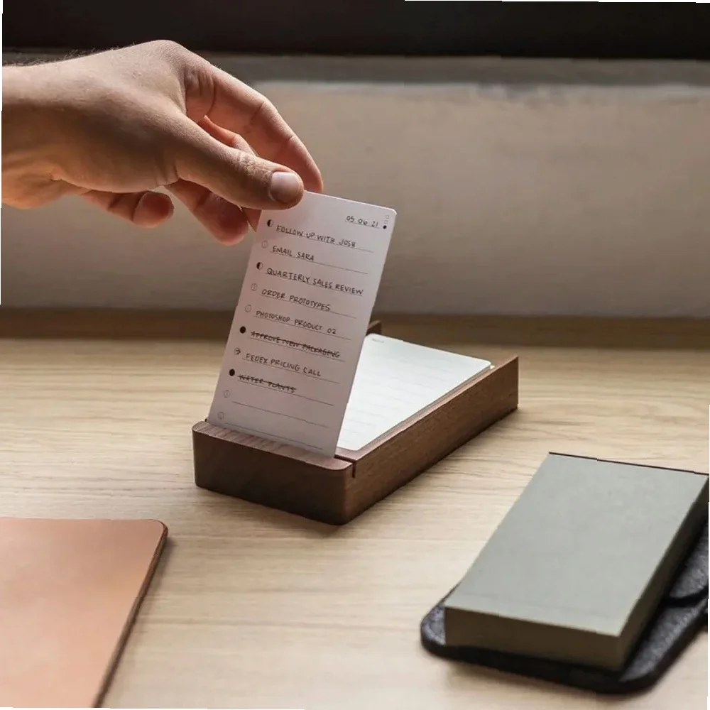Daily List Planner Note Holder with Walnut Stand - 100 Undated Memo Card for Office Desk Accessories Supplies